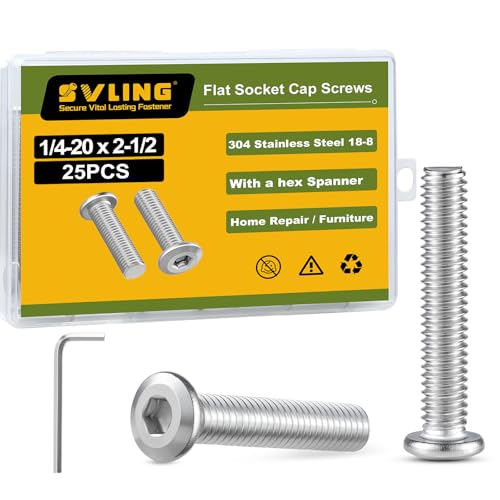 1/4-20 x 2-1/2" Bolt, 25PCS Flat Head Hex Socket Cap Screws Bolts, 304 Stainless Steel 18-8, Fully Threaded, with Hex Spanner - color: Silver, size: 1/4-20 x 2-1/2
