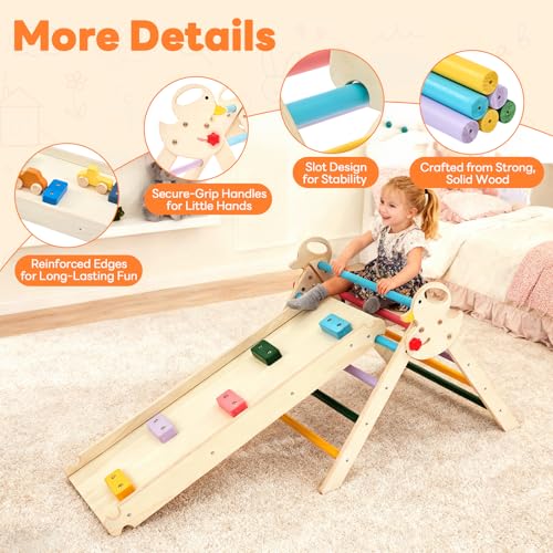 DUMOS Pikler Triangle Set, Toddler Climbing Toys and Play Structure Indoor, 9-in-1 Wooden Montessori Climbing Set with Arch, Ramp and Ladder, Foldable Baby Jungle Gym, Rainbow - color: Rainbow