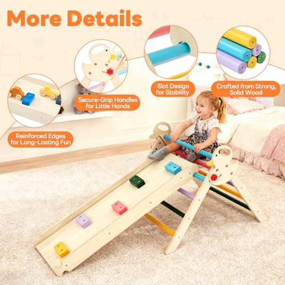 DUMOS Pikler Triangle Set, Toddler Climbing Toys and Play Structure Indoor, 9-in-1 Wooden Montessori Climbing Set with Arch, Ramp and Ladder, Foldable Baby Jungle Gym, Rainbow - color: Rainbow