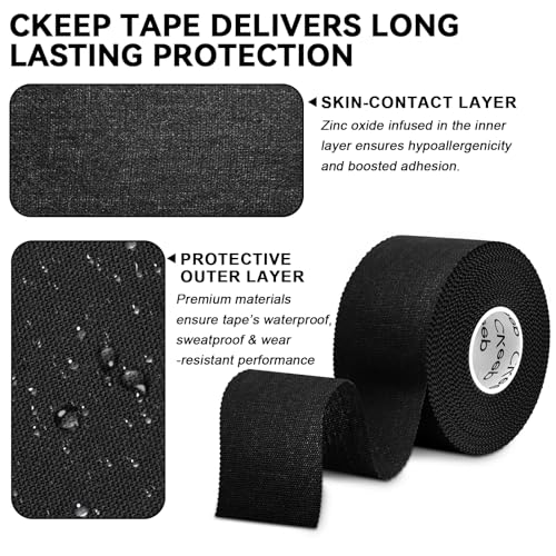 CKeep Athletic Tape, Original Cotton Waterproof Sports Tape 4 Packs, Black | Very Sturdy No Glue Residue Wrist Ankle Tape for Climbing, Boxing, Athletes, Baseball Bats, Strains, Sprains, Injuries - size: 4 Rolls