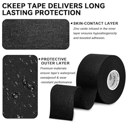 CKeep Athletic Tape, Original Cotton Waterproof Sports Tape 1 Roll, Black | Very Sturdy No Glue Residue Wrist Ankle Tape for Climbing, Boxing, Athletes, Baseball Bats, Strains, Sprains, Injuries - size: 1 Roll