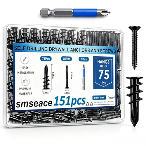 smseace 151Pcs Black Self Drilling Drywall Anchors with Screws Kit, 75Pcs #8 Self-Tapping Screw, 75Pcs Drywall Anchor, 1Pcs Drill bit Holds Upto 75lbs - color: Black