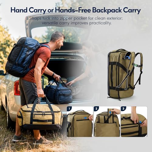 Haimont 60L Foldable Travel Duffel Backpack, Brown | Shoe Compartment, Stowable Straps, U-Shaped Opening, Water-Resistant Build - color: Brown