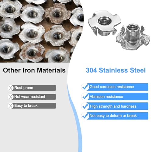 M METERXITY 20-Pack 1/4-UNC T-nut, 6/16" Barrel Length Stainless Steel 4-Pronged Tee Nut Threaded Insert for Wood/Rock Climbing Holds/Furniture, Corrosion Resistant Fasteners - size: 1/4-UNC