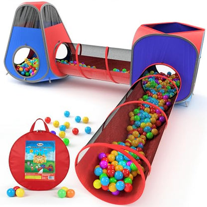 Playz 4pc Pop Up Play Tent and Tunnel Bundle for Toddlers and Kids - Indoor & Outdoor Playhouse with Storage Bag, Red & Blue