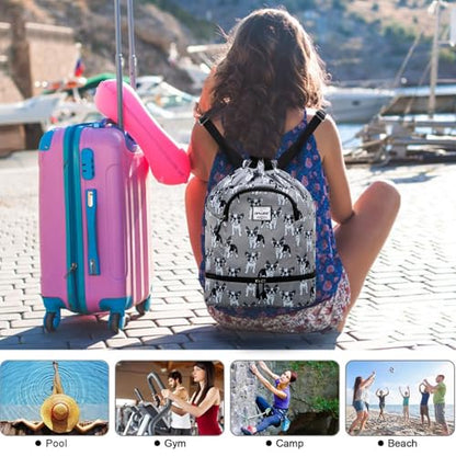 Dry Wet Drawstring Backpack with Shoe Compartment for Women Adjustable Gym Bag - color: Dog