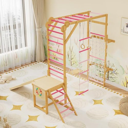 PeakPursuit 8-in-1 Indoor Jungle Gym for Kids Ages 3-10 – Wooden Climbing Structure with Slide, Swing, Monkey Bars, Gymnastic Rings, Climbing Rope – Indoor Playground Toy – Natural Wood Color