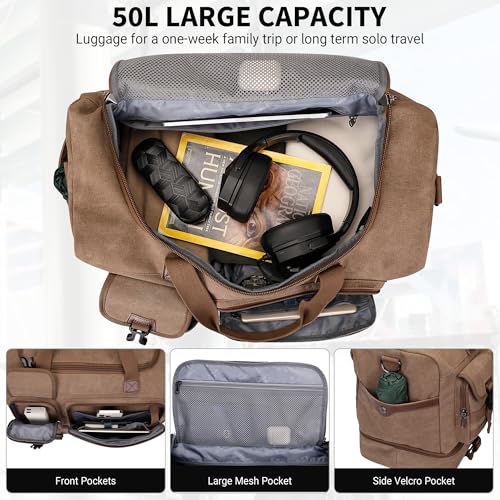 WITZMAN Duffle Bag for Men 50L Travel Canvas Weekender with Toiletry Bag | With Shoe Compartment and Dry-wet Pocket, Convertible, Carry On, One Duffel for Gym, Sports, Overnight, A8010/2 Brown - color: Brown