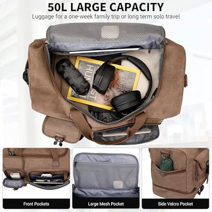 WITZMAN Duffle Bag for Men 50L Travel Canvas Weekender with Toiletry Bag | With Shoe Compartment and Dry-wet Pocket, Convertible, Carry On, One Duffel for Gym, Sports, Overnight, A8010/2 Brown - color: Brown