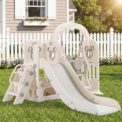 7 in 1 Toddler Slide and Swing Set, Kids Climber Playset with Ball & Hoop | Indoor Outdoor Playground with Storage Space, Flexible Setup, Reinforced Suction Cup Base for Backyard & Home Use, White - color: White