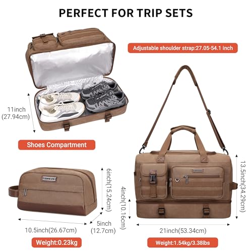 WITZMAN Duffle Bag for Men 50L Travel Canvas Weekender with Toiletry Bag | With Shoe Compartment and Dry-wet Pocket, Convertible, Carry On, One Duffel for Gym, Sports, Overnight, A8010/2 Brown - color: Brown