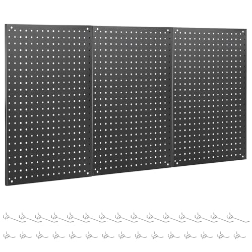ENJOYWOOD Pegboard, 3 PCS 24"×16" Metal Peg Board Panels Black Modular Wall Organizer Kit with 30 Hooks, Dual-Size Hole Design for Home Tool Storage, Garage Organization, Kitchen, Office, Craft Room - size: 3 PCS
