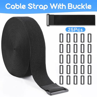 1.5In x 20Ft Cinch Straps Nylon Heavy Duty with 25 Buckles, Cut to Length, Black Hook and Loop Straps, Reusable Long Cable Ties for Storage and Cord Organizer - size: 1.5In x20Ft Black