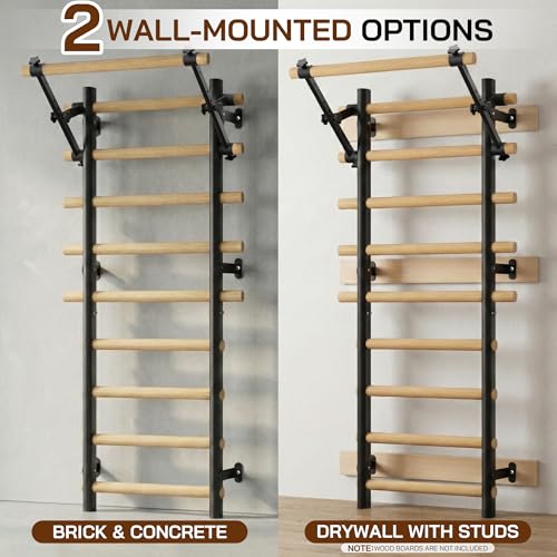 Swedish Ladder Wall Gym, Wooden Wall-Mounted Stall Bars with Pull-up Bar & Exercise Straps & Dip Bars, Stretching Ladder Full Body Home Gym Adults New - color: Black