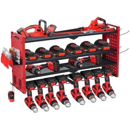 TrailBlaze Wall Mount Power Tool Organizer, 4-Layer Heavy Duty Metal Tool Storage Rack with 8 Drill Slots & Hooks, 400lbs Capacity, Garage Drill Holder for Workbench, Hanging Board Style