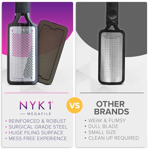 NYK1 RUSTPROOF Foot File Callus Remover for Feet with Catcher | XL Size | MegaFile Hard Skin Remover Foot Scraper for Wet and Dry Use - Non-Slip Textured Grip for Smooth, Soft & Callus-Free Feet