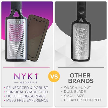 NYK1 RUSTPROOF Foot File Callus Remover for Feet with Catcher | XL Size | MegaFile Hard Skin Remover Foot Scraper for Wet and Dry Use - Non-Slip Textured Grip for Smooth, Soft & Callus-Free Feet