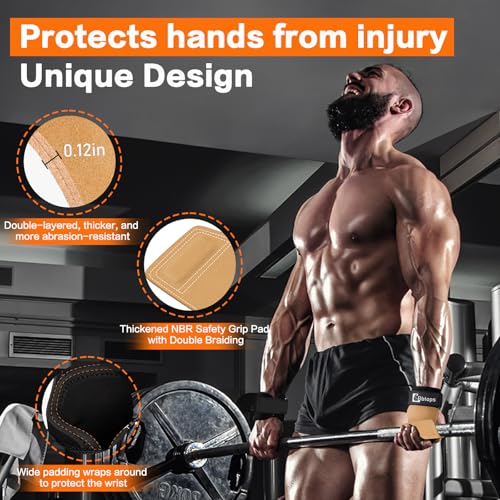 Weight Lifting Wrist Strap, Double-Layer Leather Wrist Straps for Gym Strength Training Weightlifting,Deadlift and Powerlifting, Enhance Grip Strength Neoprene Padding Gym Workout Lifting Straps Men/Women Pair - color: Brown