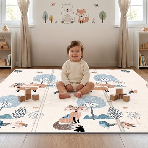 UANLAUO 59"" x 59"" Foldable Baby Play Mat, Foam Baby Mat for Floor with Travel Bag, Waterproof Activity Playmats for Babies,Toddlers, Infants, Play & Tummy Time - color: FOX-C, size: 59X59X0.4 Inch
