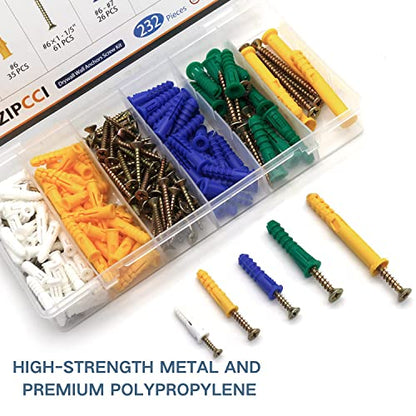 ZIPCCI 232Pcs Drywall Anchors and Screws Kit, Includes 116Pcs Plastic Wall Anchors Set, 116Pcs Wood Screw, Wall Anchors and Screws for Drywall