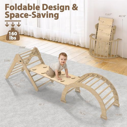 Large Pikler Triangle Set, 7-in-1 Toddler Climbing Toys Indoor, Wooden Montessori Climbing Set with Arch Ramp Ladder, Foldable Baby Jungle Gym Playground (Wood) - color: Wood
