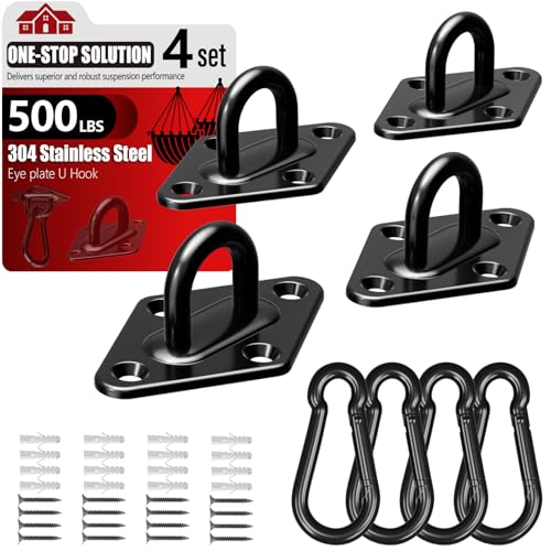 sprookber 304 Stainless Steel Pad Eye Snap Hooks, M5 Heavy Duty Ceiling Hooks, 500 lb Capacity Hammock Swing Hanging kit, Plant Hangers, Marine Hardware Staple Hook Loop with Screws, Set of 8(Black) - size: 2 Inch, style: Black Rhombus