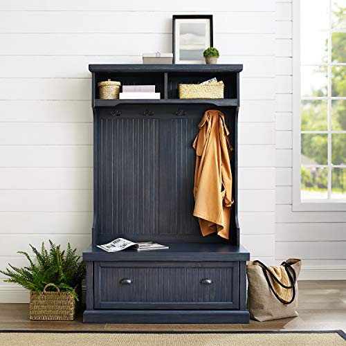 Crosley Furniture Seaside Hall Tree with Shoe Rack Bench and Coat Hooks for Hanging Storage, Distressed Navy - color: Distressed Navy, style: Hall Tree