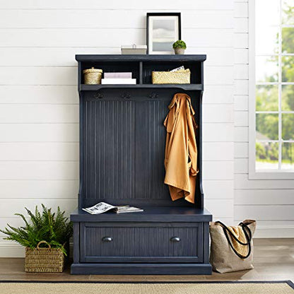 Crosley Furniture Seaside Hall Tree with Shoe Rack Bench and Coat Hooks for Hanging Storage, Distressed Navy - color: Distressed Navy, style: Hall Tree
