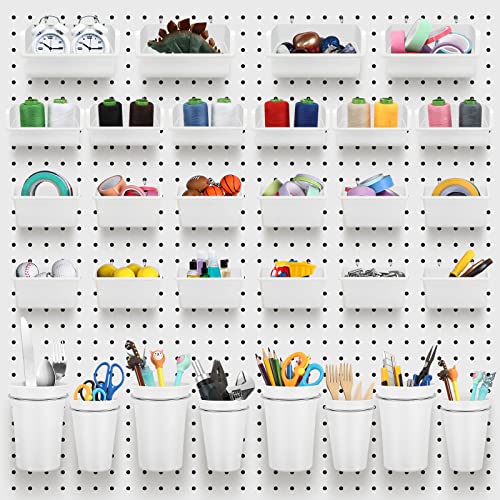 Roowest 60 Pcs Pegboard Cups Pegboard Bins Set, Wall Organizer with Hooks and Loops, Hooks Assortment Organizer Accessory for Office Storage Garage Craft Workshop(White) - color: White
