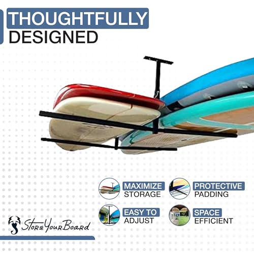 StoreYourBoard Standup Paddle Board and Surfboard Garage Storage Rack - Adjustable Ceiling Mount Hanger for SUP Storage, Heavy Duty Overhead Paddleboard Organizer for Garage, Space Saving Rack - style: Double