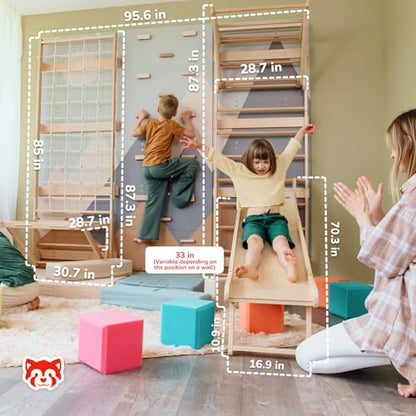 WoodandHearts 5in1 Modular Swedish Wall Gym Set for Kids Indoor Active Play – Wooden Swedish Ladder with Adjustable Pull-Up Bar, Rock Climbing and Slide (Base Set+Step-Down Slide+Sit-Up Bar) - style: Base Set + Step-Down Slide + Sit-Up Bar