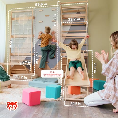WoodandHearts 5in1 Modular Swedish Wall Gym Set for Kids Indoor Active Play – Wooden Swedish Ladder with Adjustable Pull-Up Bar, Rock Climbing and Slide (Base Set+Step-Down Slide+Sit-Up Bar) - style: Base Set + Step-Down Slide + Sit-Up Bar