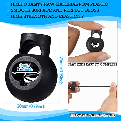 Patelai 50 Pieces Cord Locks Spring Toggles Stoppers Plastic Single Hole End Stopper Slider and 1/8 Inch 66 Feet Elastic Bungee Cord for Drawstring Shoelaces Clothing Bags(Black, Round Style) - size: Black, style: Round Style