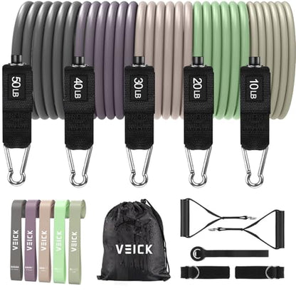 VEICK 10-150LBS Resistance Bands with Handles, Ankle Straps, Door Anchor | Accredited Lab Certified, 100% Natural Latex, Versatile for Yoga, Pilates, Strength, Home Gym - color: Green Purple, style: 10-150LBS + 5 Loop Bands