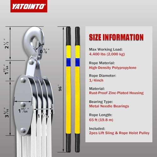 YATOINTO Upgraded Rope Pulley Hoist 4400 LB, 8:1 Pulley Block and Tackle System, Pulley Block 2200LB Loading Capacity, 65ft Heavy Duty Rope Hoist for Hunting Garage Warehouse (with 2PCs Straps) - size: 4 Pulley+2 straps