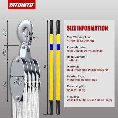 YATOINTO Upgraded Rope Pulley Hoist 4400 LB, 8:1 Pulley Block and Tackle System, Pulley Block 2200LB Loading Capacity, 65ft Heavy Duty Rope Hoist for Hunting Garage Warehouse (with 2PCs Straps) - size: 4 Pulley+2 straps
