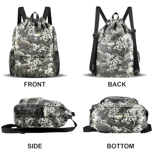 Drawstring Backpack with Mesh Pockets String Gym Bag Sackpack Sandproof Water Resistant Beach Backpack for Men Women - color: Black Waves