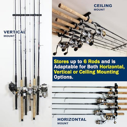 Rush Creek Creations Set of 4 Adaptable 6, 12, 18, or 24-Rod Horizontal Wall-Mount Fishing Pole Holders, Ceiling or Wall Fishing Rod Racks for Garage, Fits Most 0.12" to 0.75" Diameter Rods - size: Four Pack