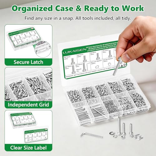 981 Pcs M2 Hex Socket Cap Screws Nuts Washers Wrench Kit, 304 SS | with Flat & Spring Washers & Wrench, for RC Cars, Drones & PC Repair, M2 x 4/6/8/10/12/16/20mm,Clear Label Storage Box - size: SS M2 981pcs 3
