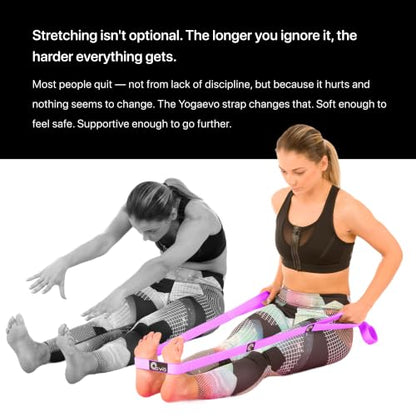 YogaEVO Elastic Stretching Strap with Loops for Physical Therapy | 2-in-1 Yoga Strap & Resistance Band — Flexibility & Back Recovery - color: Purple