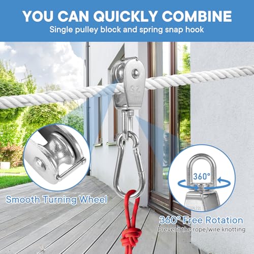 2X 304 Stainless Steel M25 Single Swivel Rope Pulley Blocks with Snap Hooks | 360° anti-twist swivel pulley. For lifting, towing & hanging wire rope on crane/outdoor. Has spring snap hooks for fast fit - size: M25-2pcs