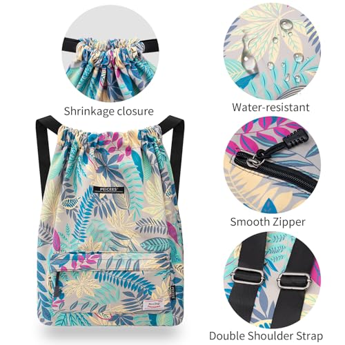 Peicees Waterproof Drawstring Sport Bag Lightweight Sackpack Backpack for Men and Women | Waterproof - color: X_gray Leaves