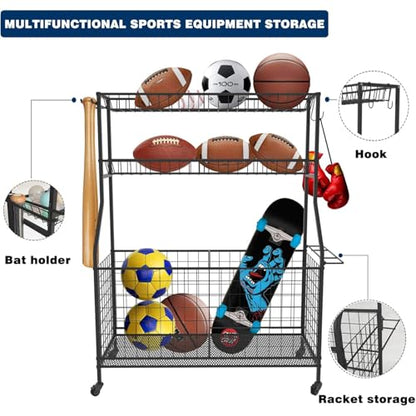 Garage Sports Equipment Organizer,Ball Storage Rack,Garage Organizer with Baskets and Hooks, Sports Gear Storage,Garage Ball Storage, Black