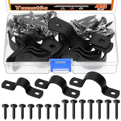 Tanstic 15Pcs Black Two Hole Pipe Strap, 3/4” 1” 1-1/4” Two Hole Strap U Bracket Rigid Pipe Strap Pipe Strap Clamp with Phillips Modified Truss Head Wood Screws for Fixing Pipe, Conduit, U Bracket - size: 20/25/30mm