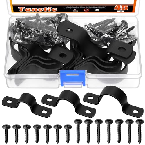Tanstic 15Pcs Black Two Hole Pipe Strap, 3/4” 1” 1-1/4” Two Hole Strap U Bracket Rigid Pipe Strap Pipe Strap Clamp with Phillips Modified Truss Head Wood Screws for Fixing Pipe, Conduit, U Bracket - size: 20/25/30mm