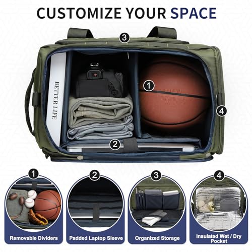 38L Convertible Duffel Backpack, 3 in 1 Gym Bag with Laptop Sleeve, Wet Pockets & Insulated Bottom, Green - color: Green, size: 38L
