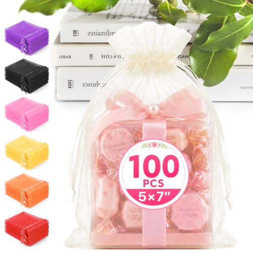 ANZNKU 100PCS Organza Bags 5x7 Ivory Small Gift Mesh Drawstring Goodie Bag | Party Favor Goody Gift Bag Pouch for Jewelry Candy Treat Soap Sachet, Use for Wedding Birthday Baby Shower Graduation - color: Ivory-5"x7"