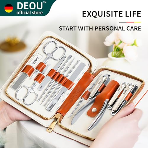 DEOU 13pcs Women Nail Grooming Kit Stainless Steel Professional Manicure Set Nail Care Tools with Luxurious Portable Travel Case Gift | Manicure Pedicure Kit for Men Women, Nail Care Cuticle Tools, Luxury Finger & Toe Nail Clipper Set, Grey Travel Case -