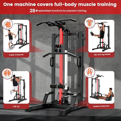 Pull Up Bar Power Tower Dip Station with Cable Machine, 450LB Home Gym | Pull up bar, dip station and 16-position cable system for pull ups, dips, lat pulldowns, rows and full-body training - color: Black-02