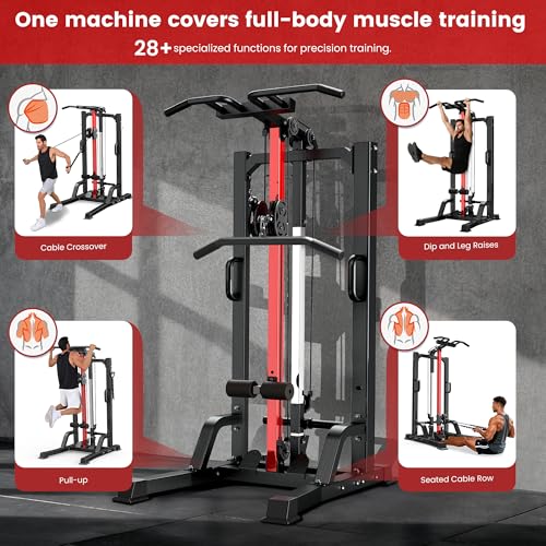 Pull Up Bar Power Tower Dip Station with Cable Machine, 450LB Home Gym | Pull up bar, dip station and 16-position cable system for pull ups, dips, lat pulldowns, rows and full-body training - color: Black-02